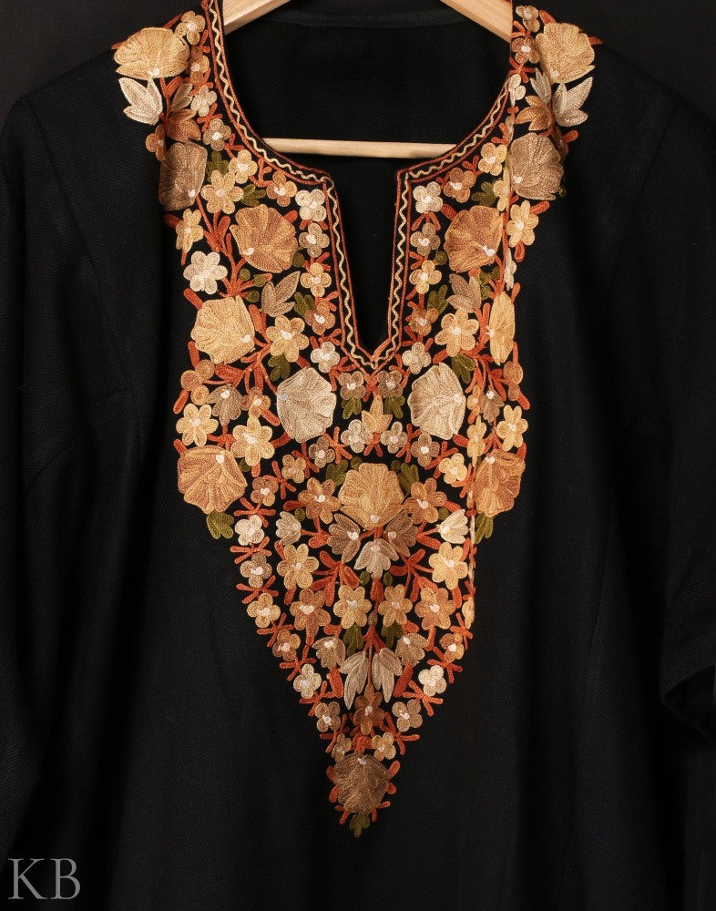 Jade Black Aari Embroidered Cashmilon Phiran - KashmirBox.com