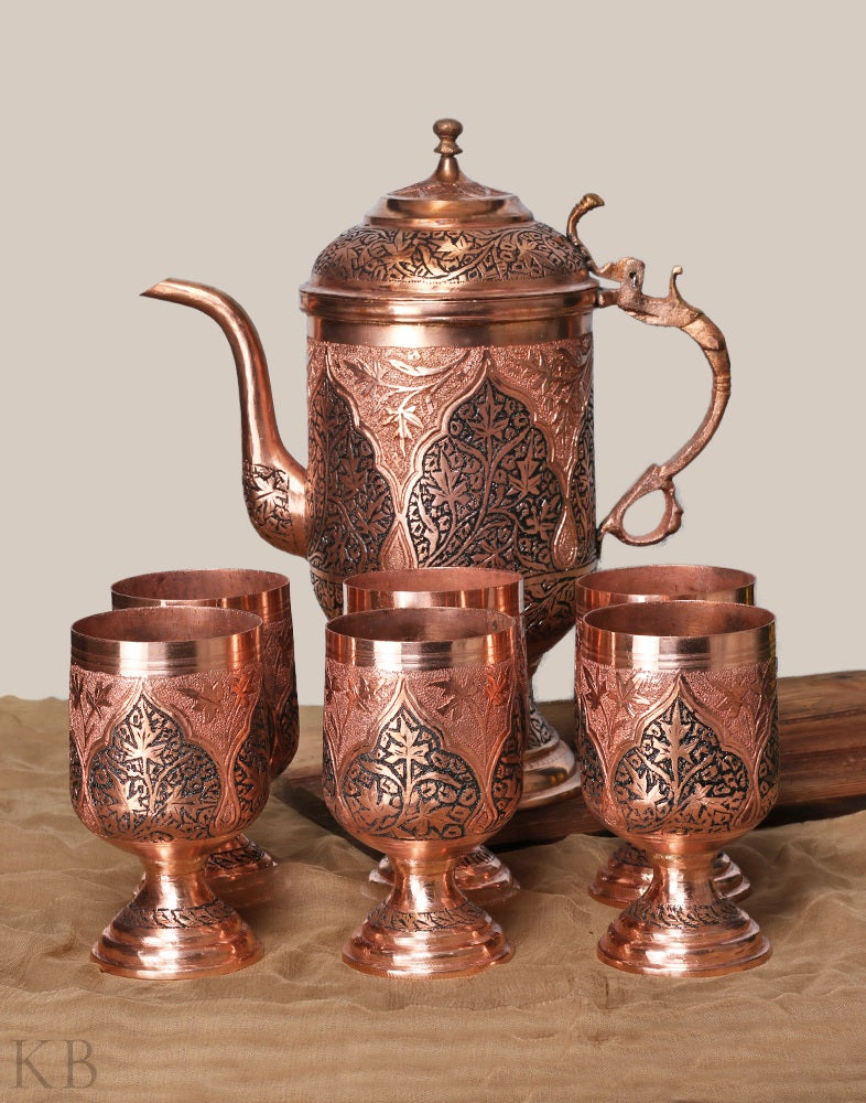 Mughal Kandkaari Copper Jug Set - KashmirBox.com