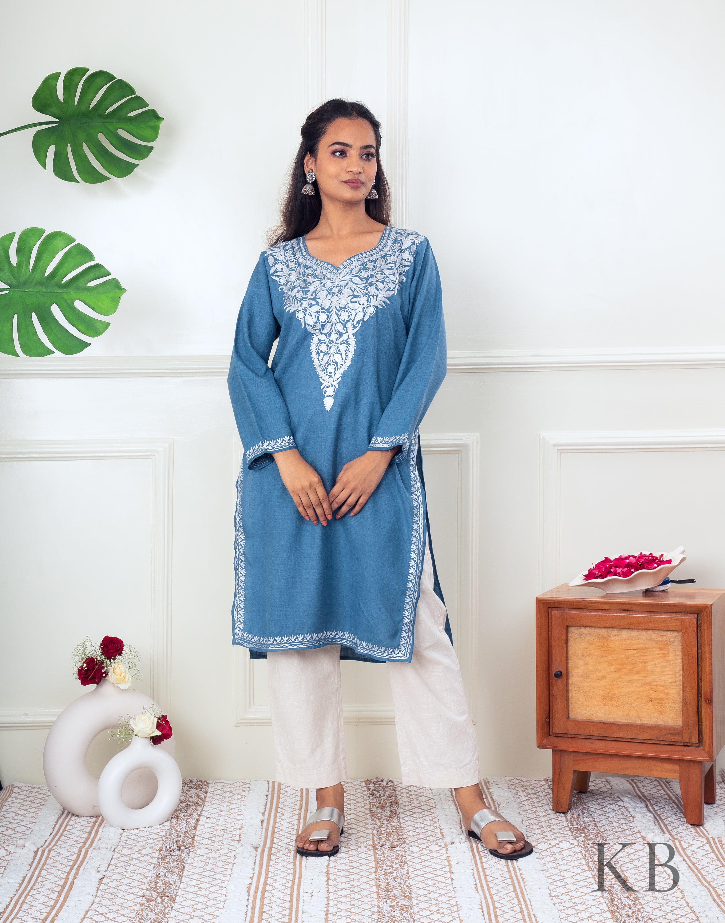 Light Blue Zari Embroidered Cotton Kurti