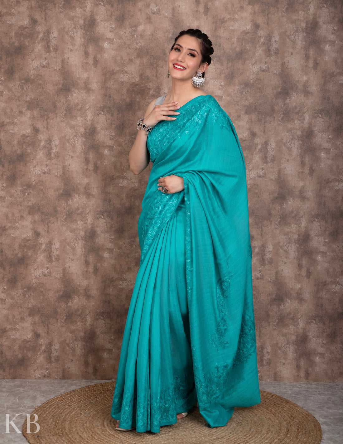 Ferozi Aari Embroidered Silk Saree - Kashmir Box