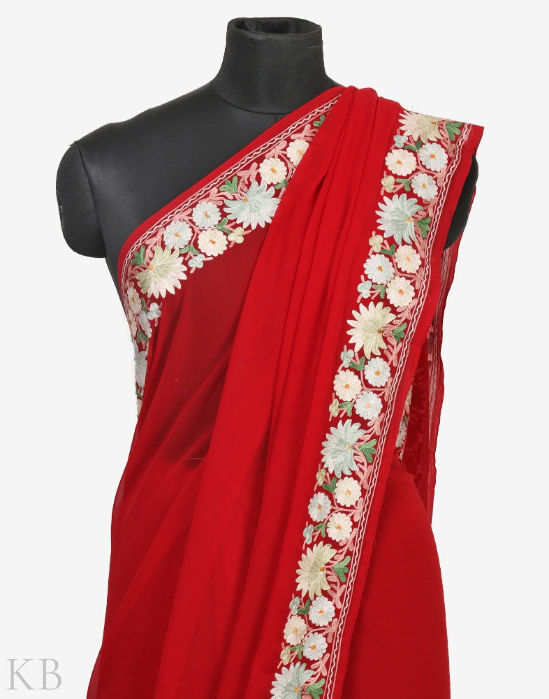 Sheen Border Maroon Embroidered Saree - KashmirBox.com