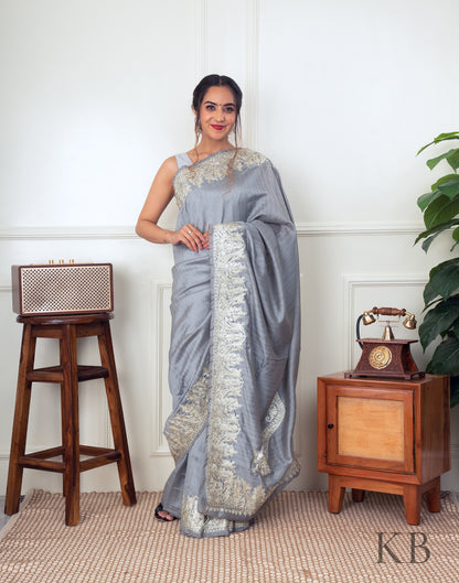 White Zari Border Silver Silk Saree - Kashmir Box