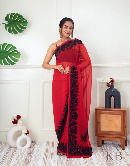 Black Aari Border Red Georgette Saree