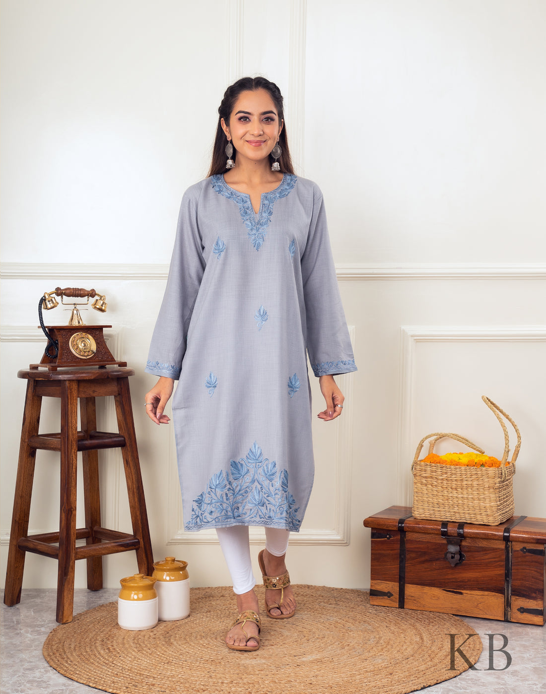 Subtle Stone Grey Aari Embroidered Cotton Kurti