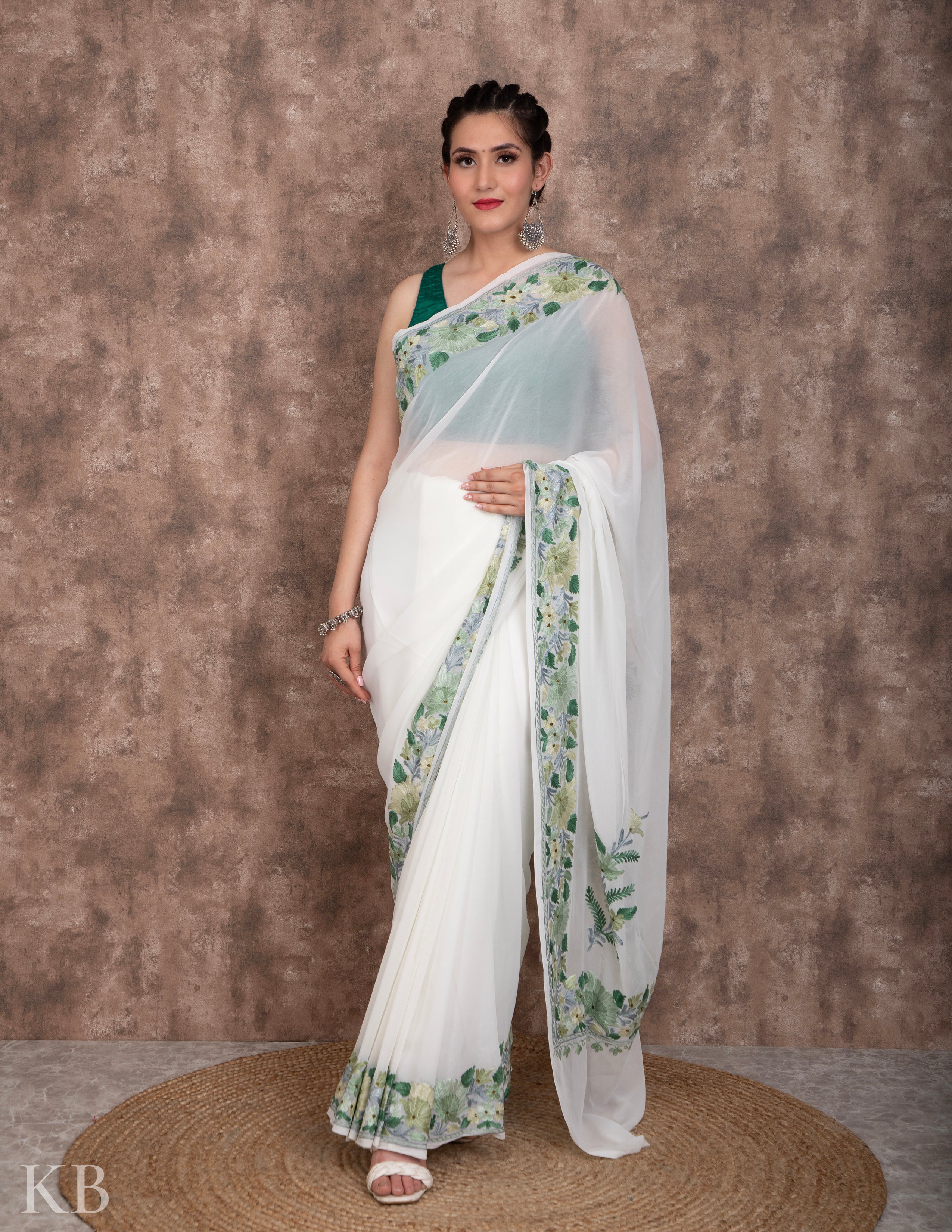 Patta Border White Embroidered Saree - Kashmir Box