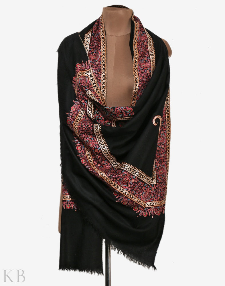 Black Embroidered Doordaar Cashmere Shawl - Kashmir Box