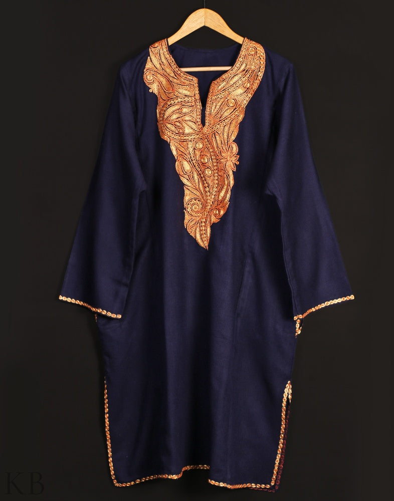 Navy Blue Tilla Embroidered Cashmilon Phiran - KashmirBox.com