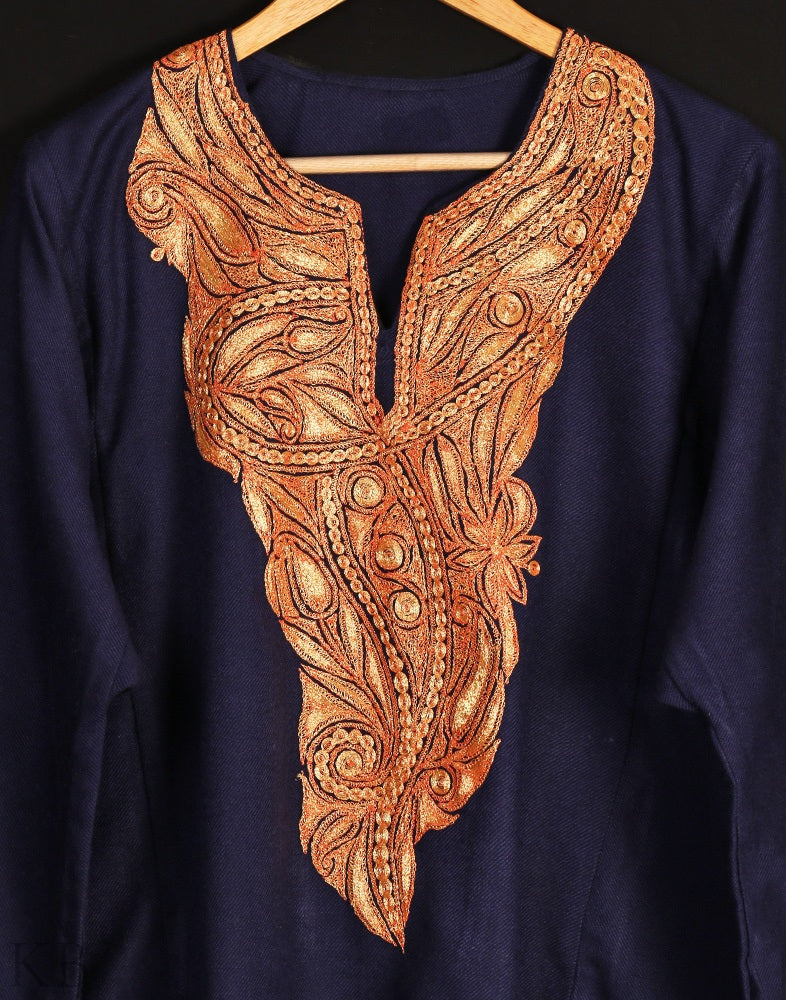 Navy Blue Tilla Embroidered Cashmilon Phiran - KashmirBox.com