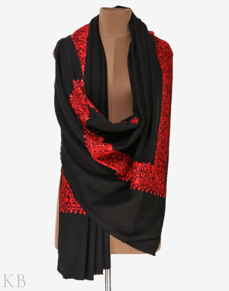 Black Aari Embroidered Cashmilon Shawl - KashmirBox.com