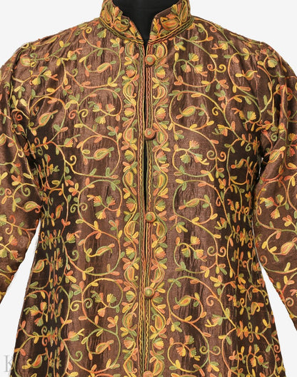 Golden Aari Embroidered Silk Jacket - KashmirBox.com