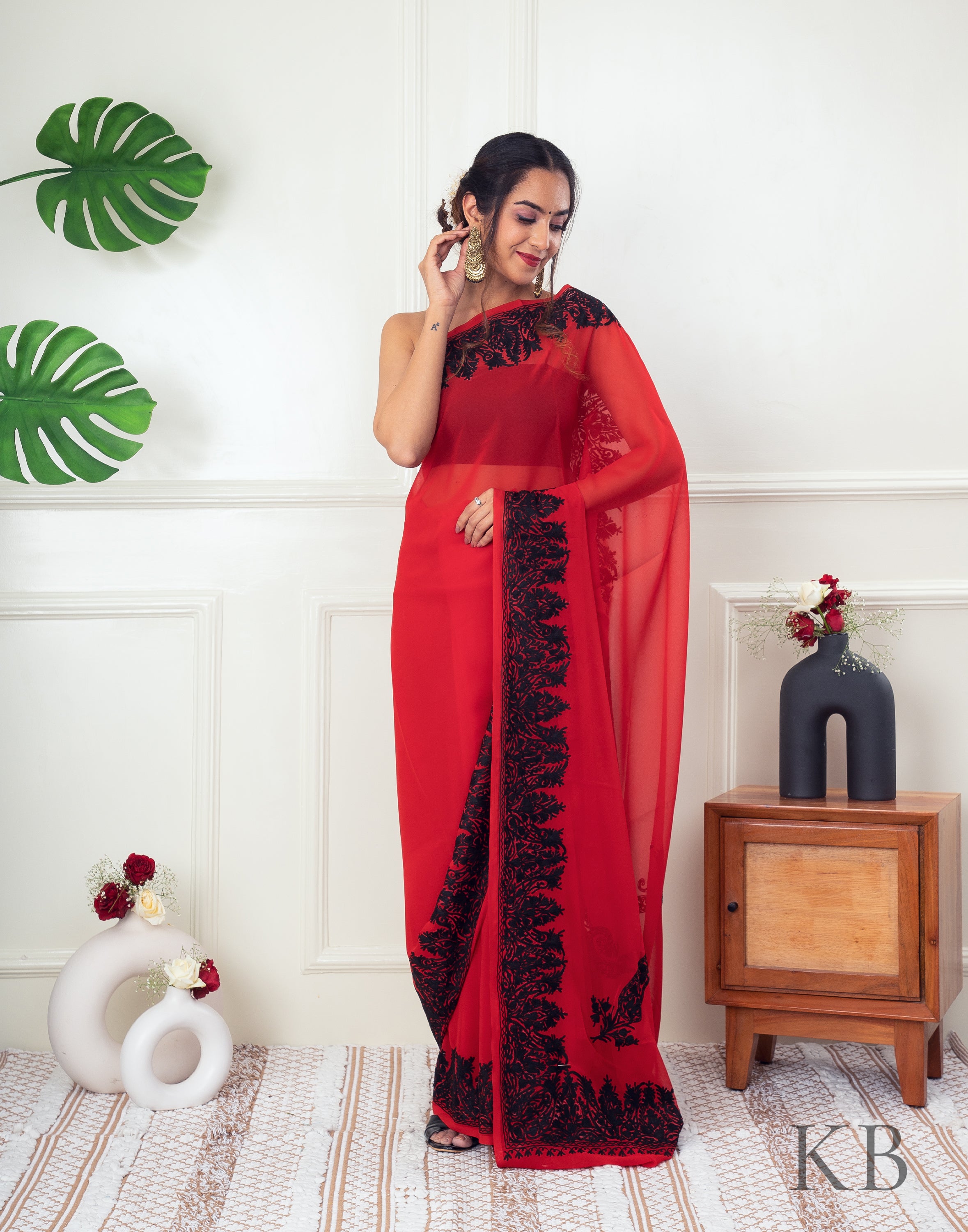 Black Aari Border Red Georgette Saree