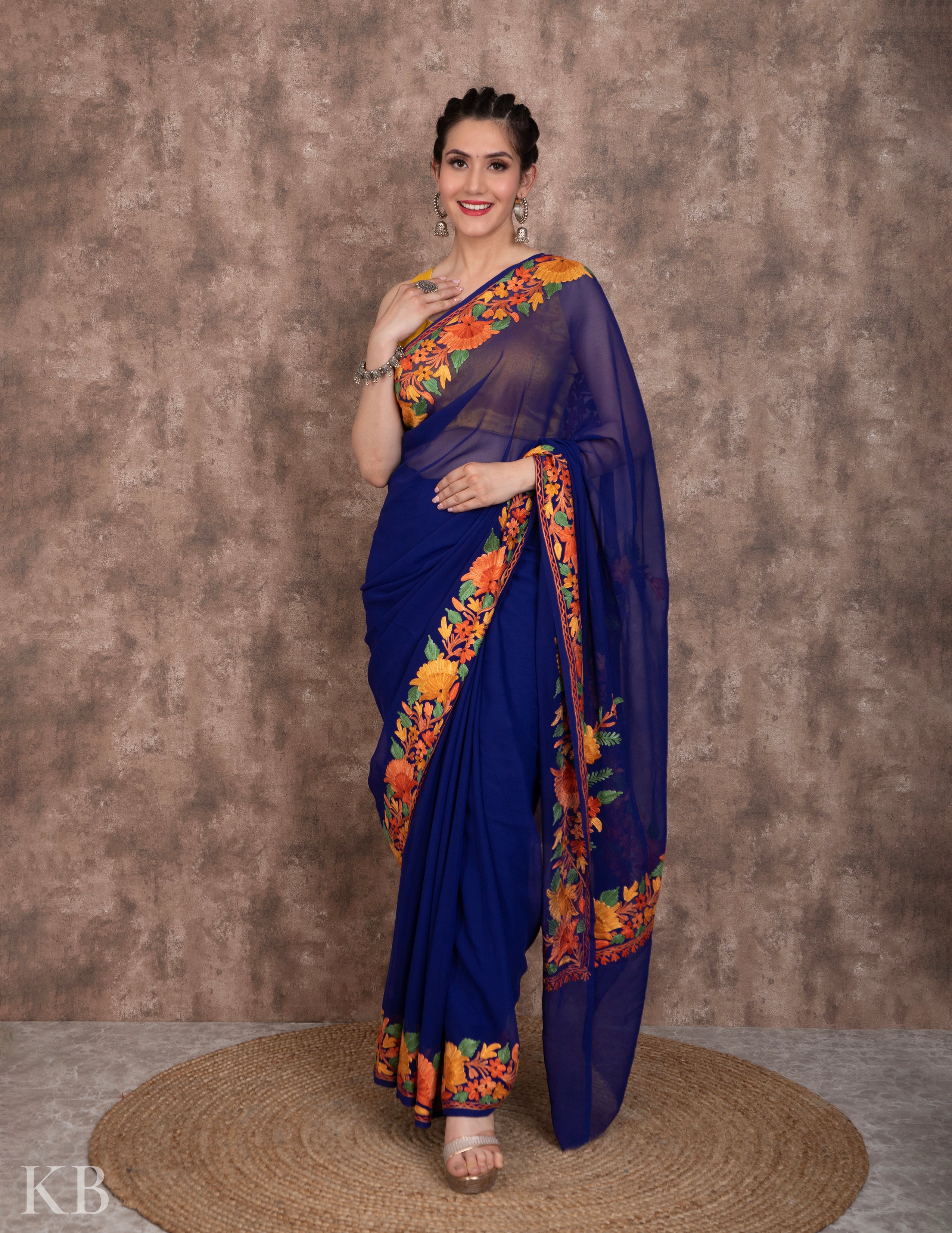 Pamposh Gul Georgette Embroidered Saree - Kashmir Box