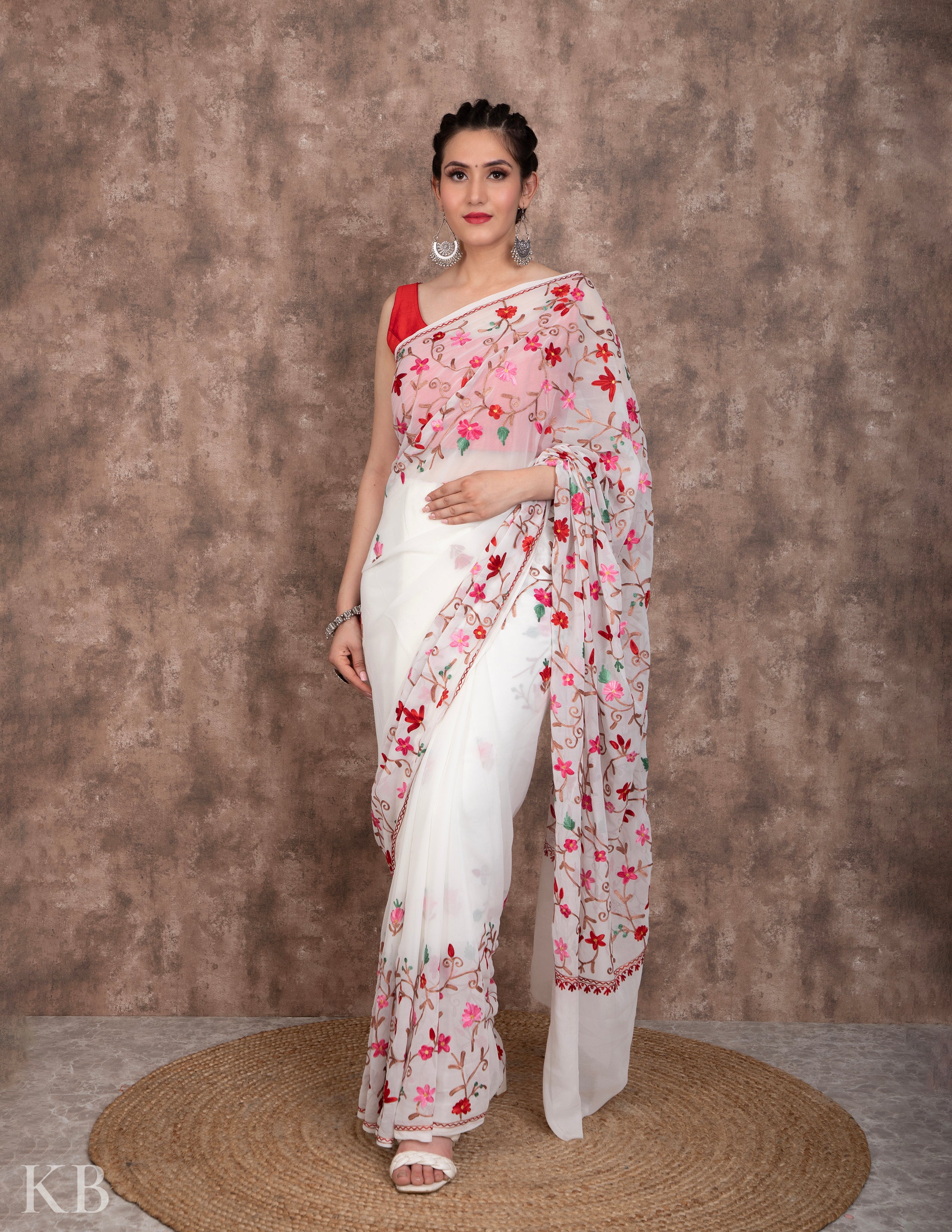 Fashionable White Lucknowi Ceremonial and Party Wear Embroidered Georgette  Saree