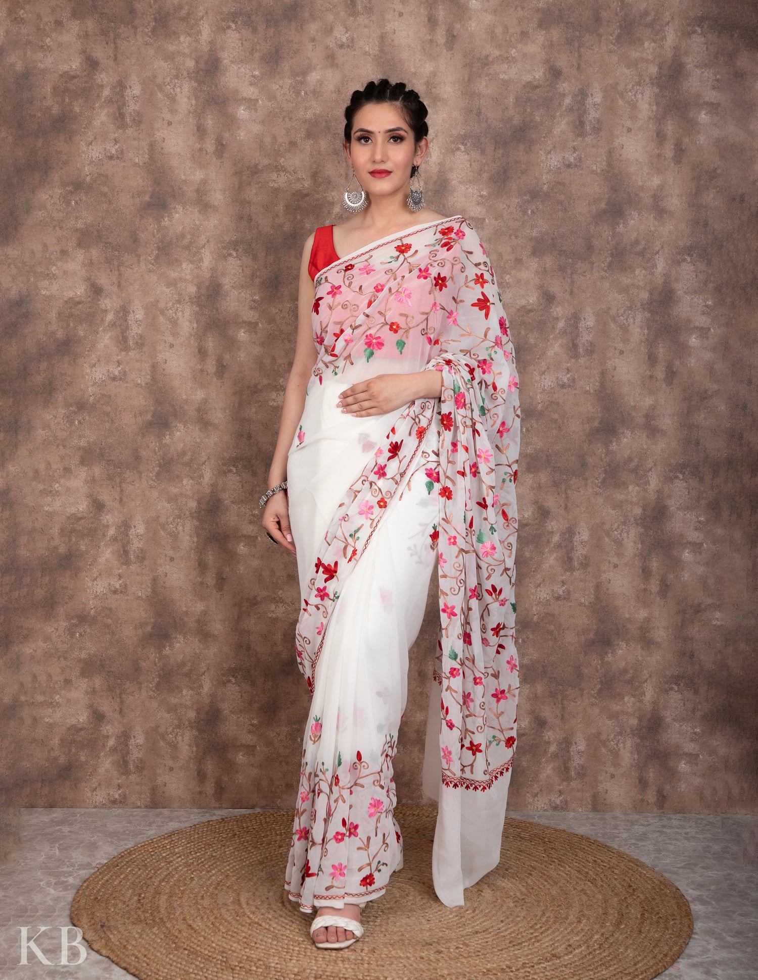 Roshan Aari Kari White Georgette Saree - Kashmir Box