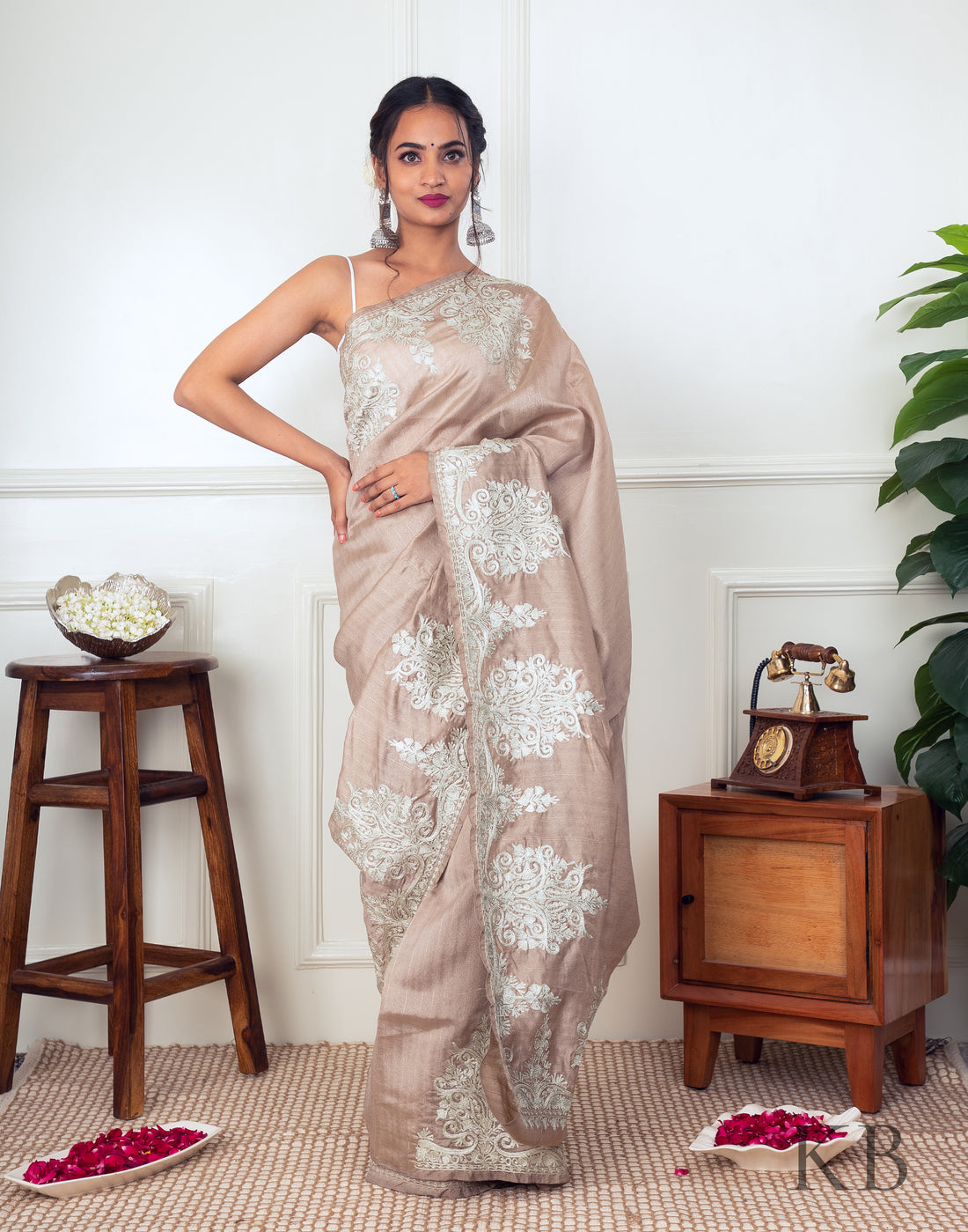 White Zari Border Fawn Silk Saree - Kashmir Box