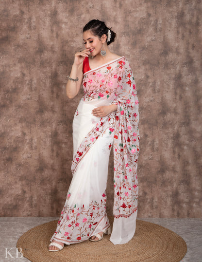 Roshan Aari Kari White Georgette Saree - Kashmir Box