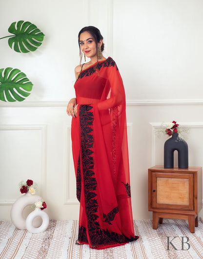 Black Aari Border Red Georgette Saree