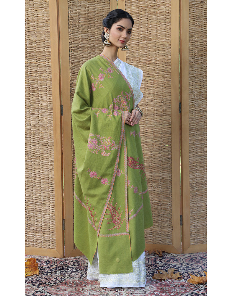 Sheen Green GI Embroidered Cashmere Shawl - KashmirBox.com