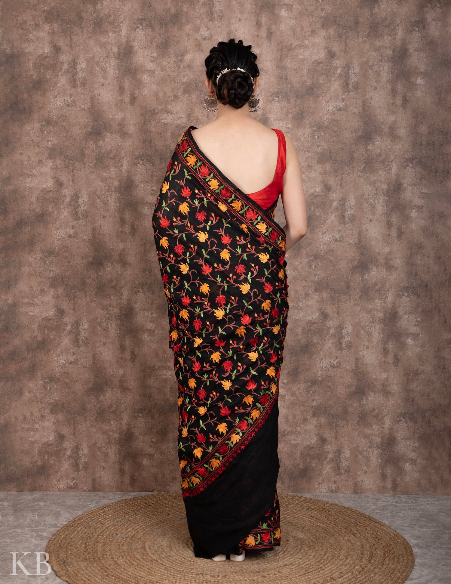 Aari Embroidered Black Silk Saree - Kashmir Box