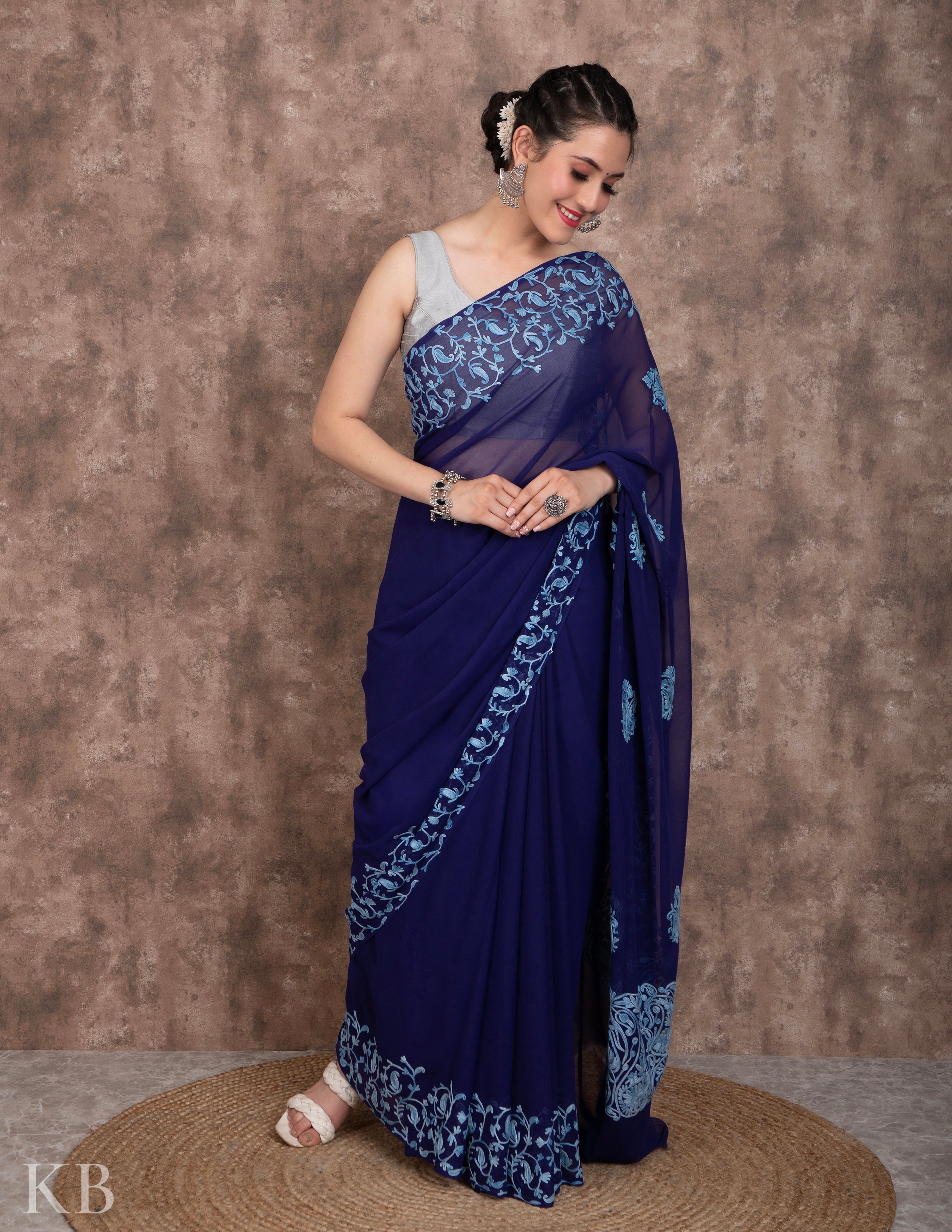 Chiffon Saree in Wine Color With Elegant Floral Work