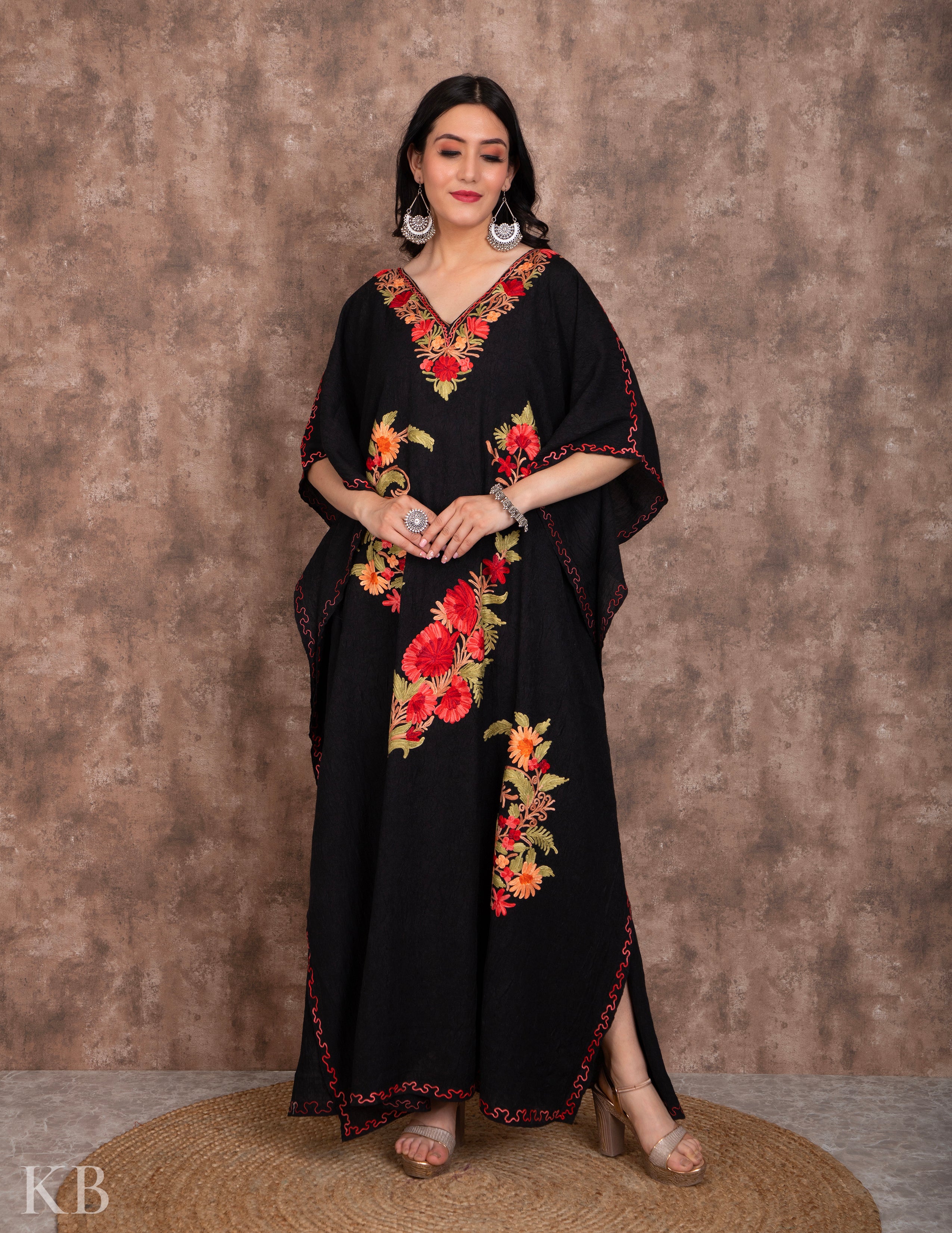 Buy Black Modal Satin Leaf Neck Embellished Kaftan Dress For Women by  Aariyana Couture Online at Aza Fashions.