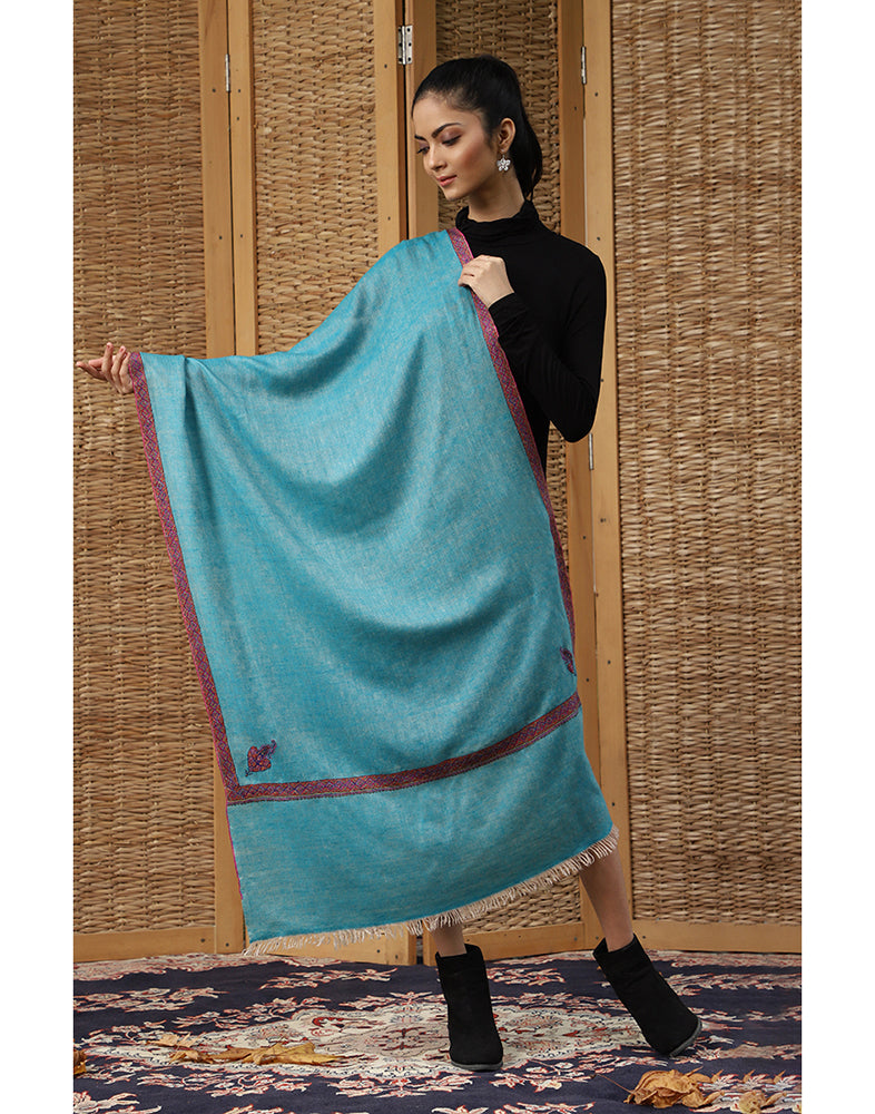 Turquoise Box Weave Hashidaar Cashmere Stole - KashmirBox.com