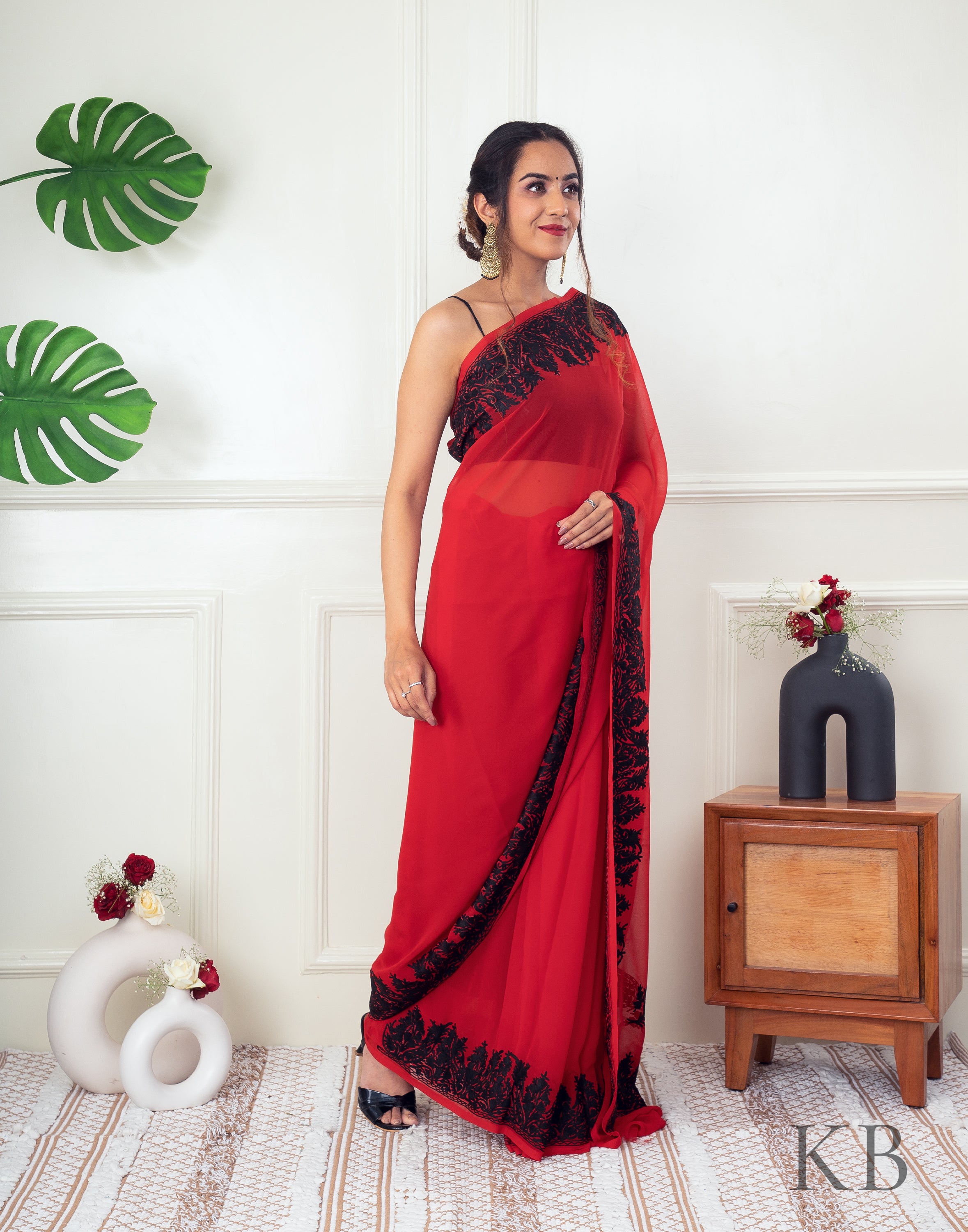 Black Aari Border Red Georgette Saree