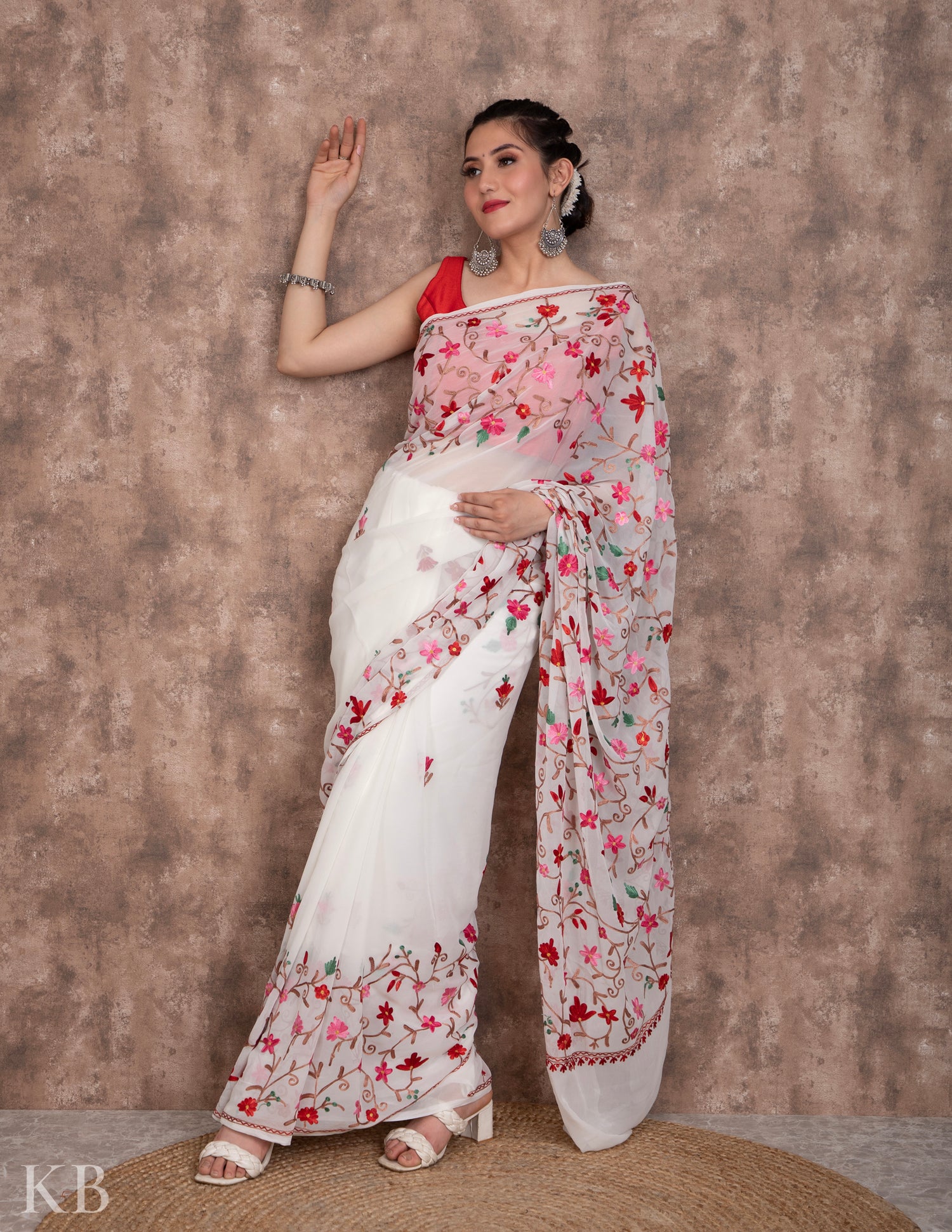 Roshan Aari Kari White Georgette Saree - Kashmir Box