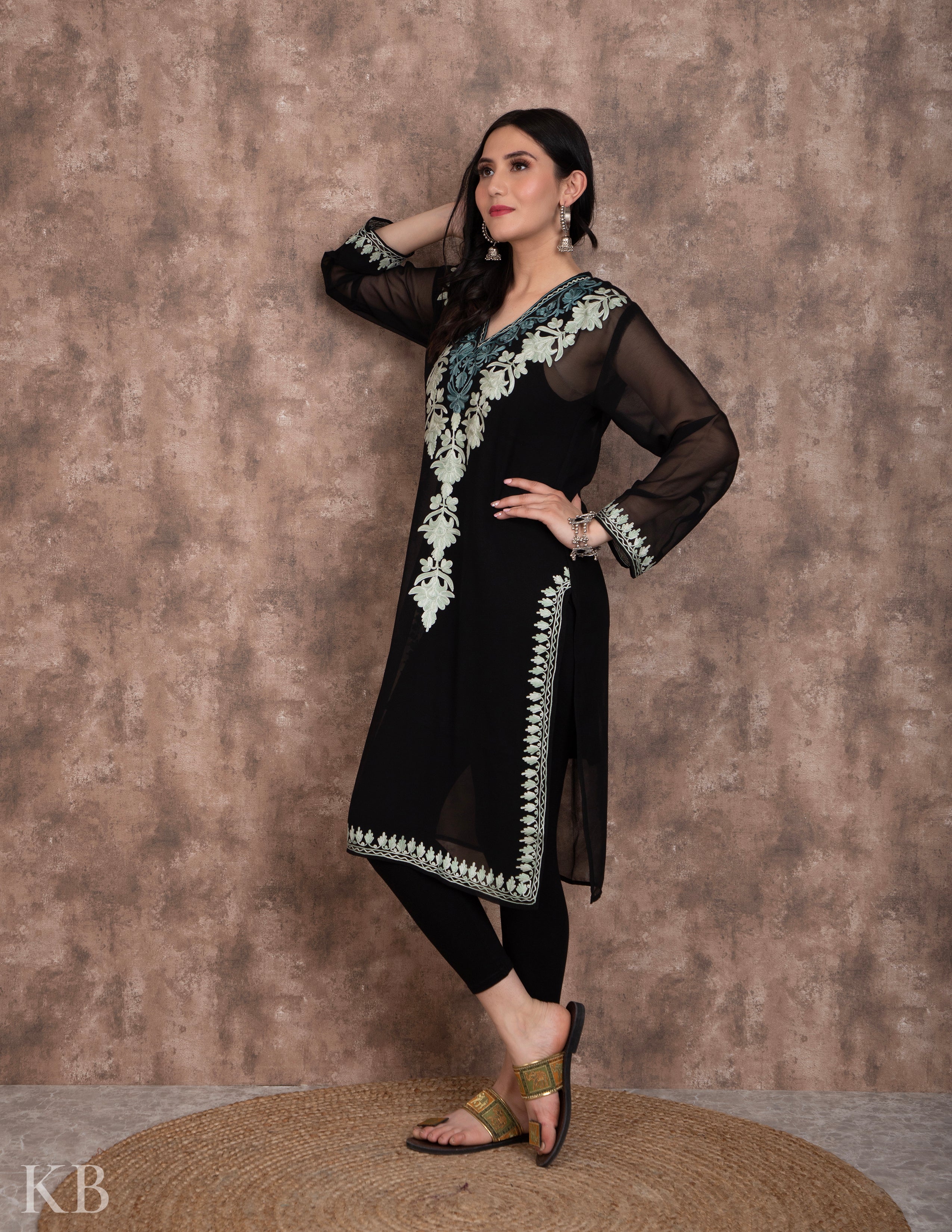 Black Lotus Vine Aari Embroidery Georgette Kurti