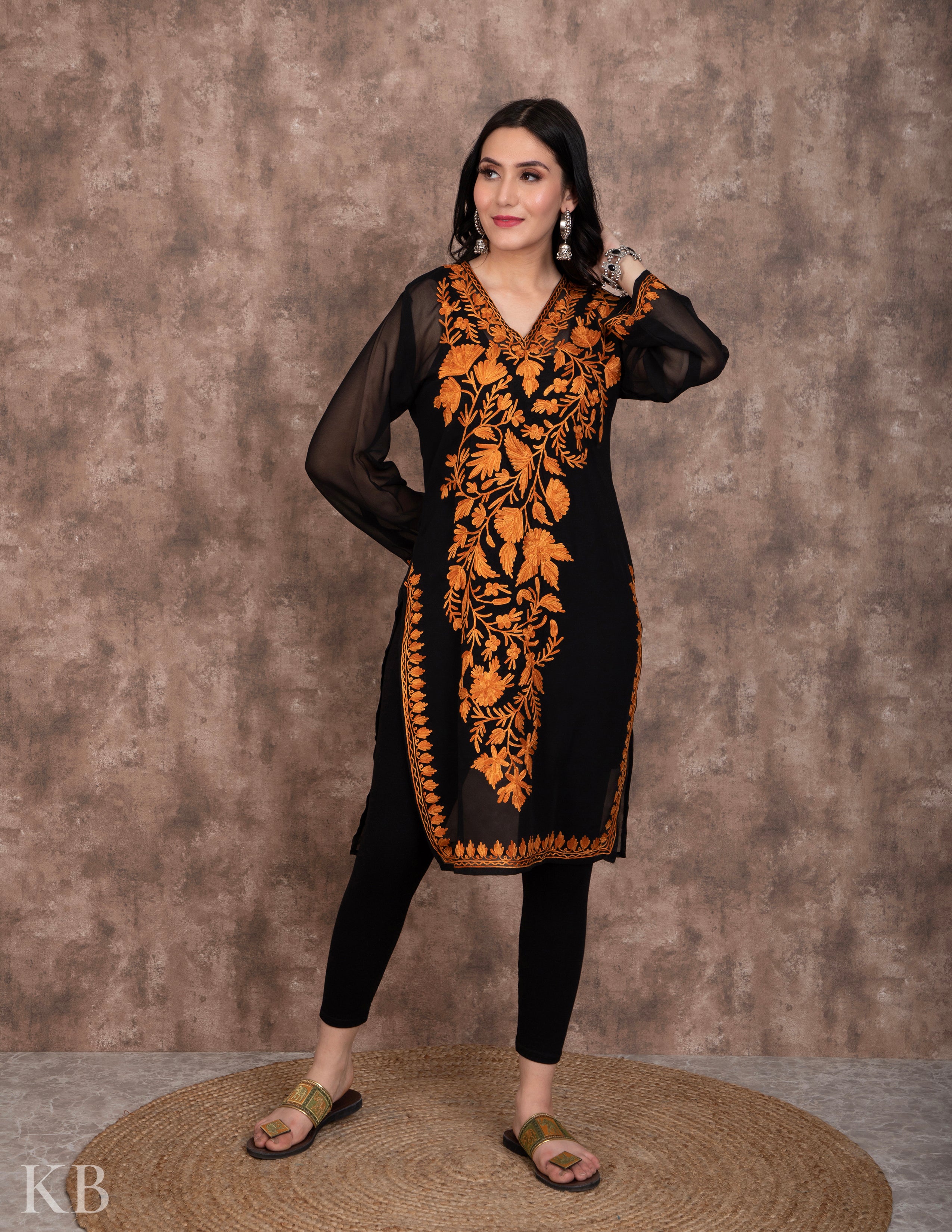 Buy Online Black Aari Embroidered Georgette Kurti Black Summer