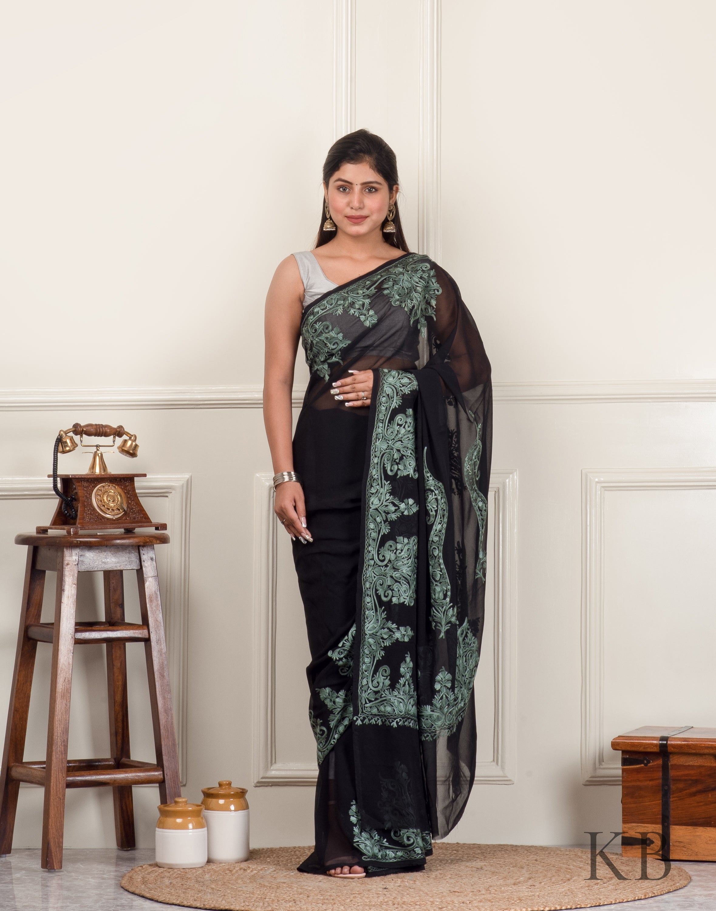 Floral Print Black Georgette Wrap in 1 minute saree