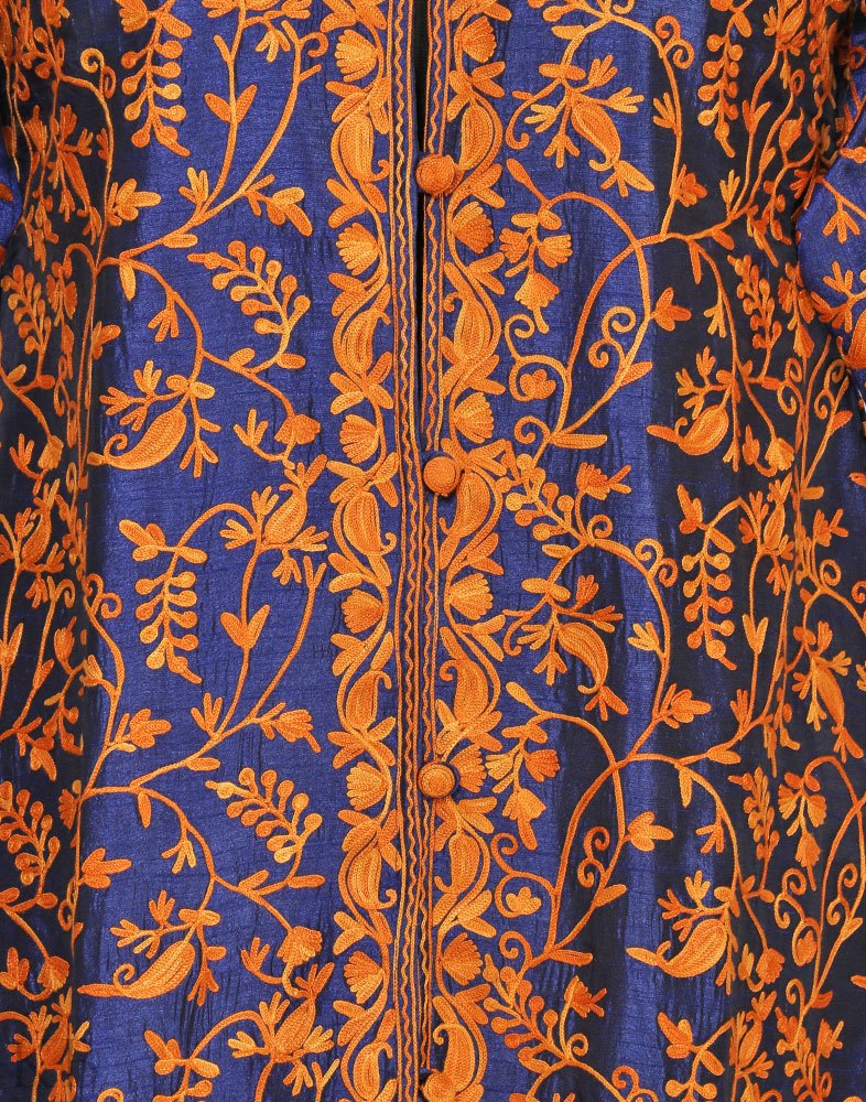 Royal Blue Aari Embroidered Silk Jacket - KashmirBox.com