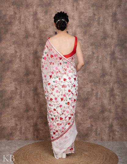 Roshan Aari Kari White Georgette Saree - Kashmir Box