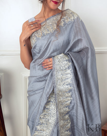 White Zari Border Silver Silk Saree - Kashmir Box