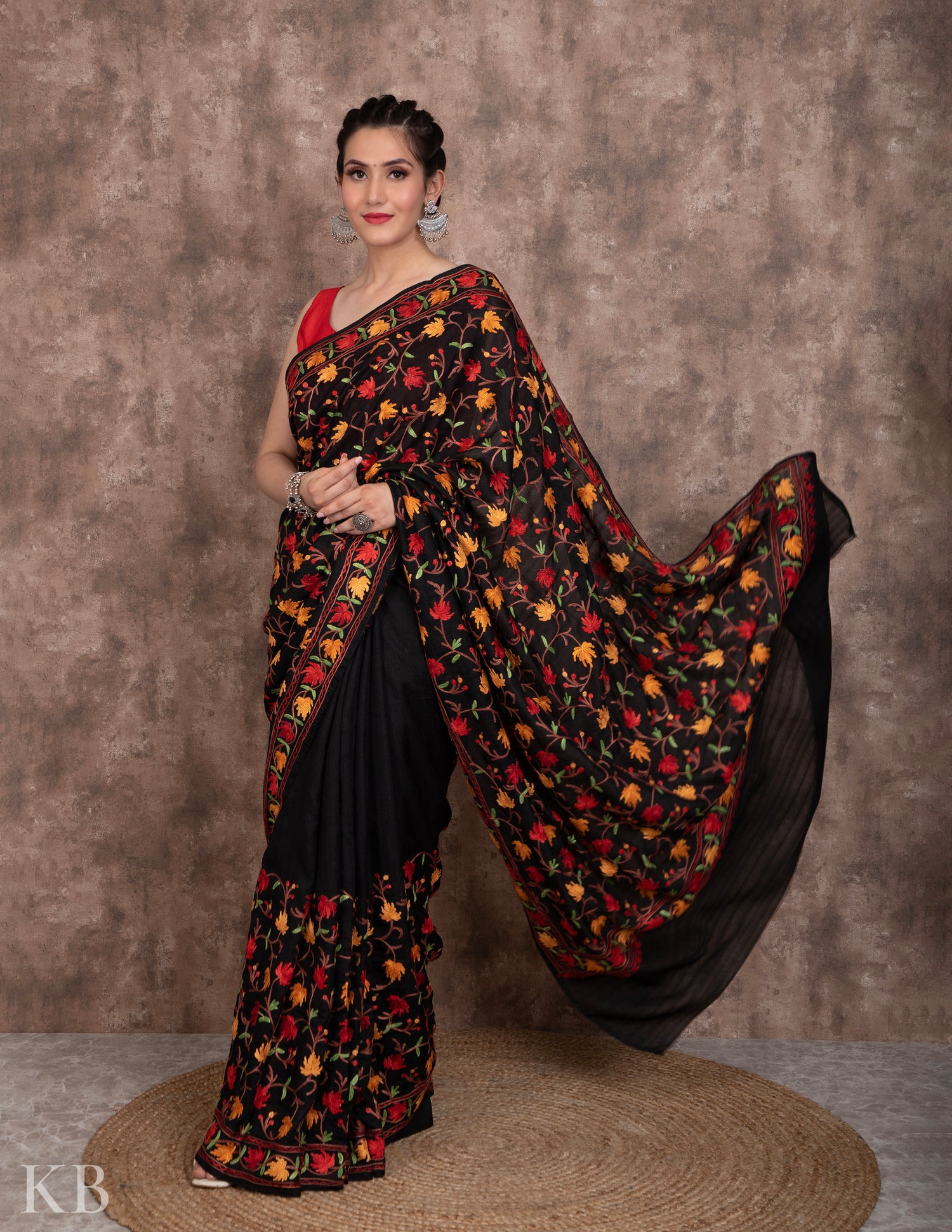 Aari Embroidered Black Silk Saree - Kashmir Box