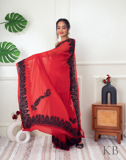 Black Aari Border Red Georgette Saree - Kashmir Box