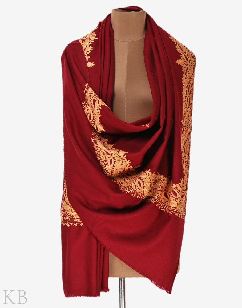 Maroon Aari Embroidered Cashmilon Shawl - KashmirBox.com