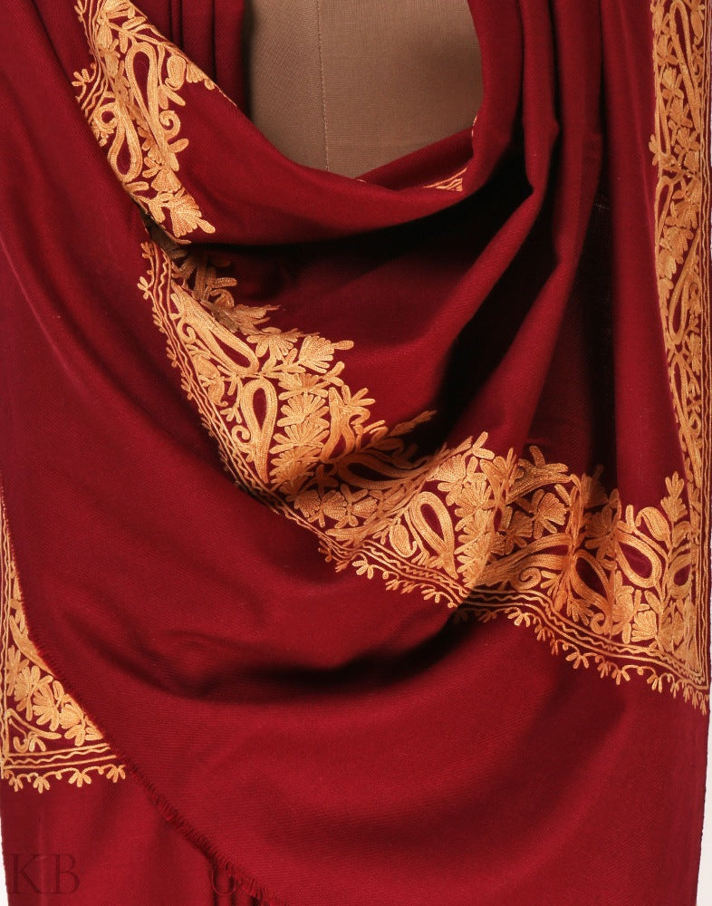 Maroon Aari Embroidered Cashmilon Shawl - KashmirBox.com