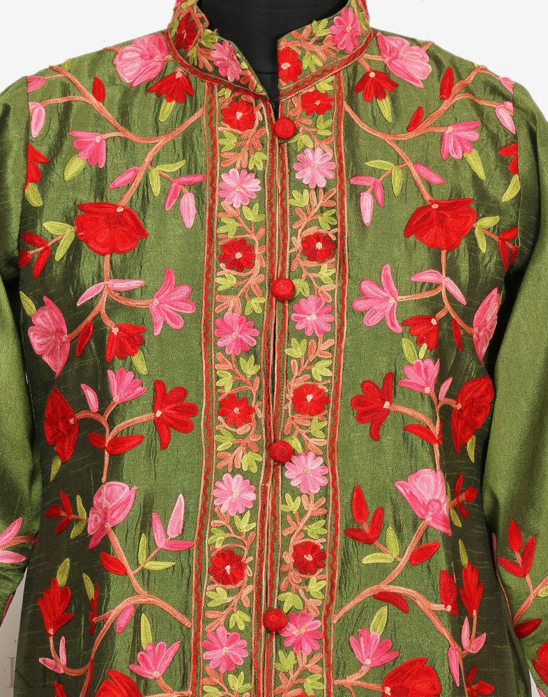 Henna Green Aari Embroidered Silk Jacket - KashmirBox.com