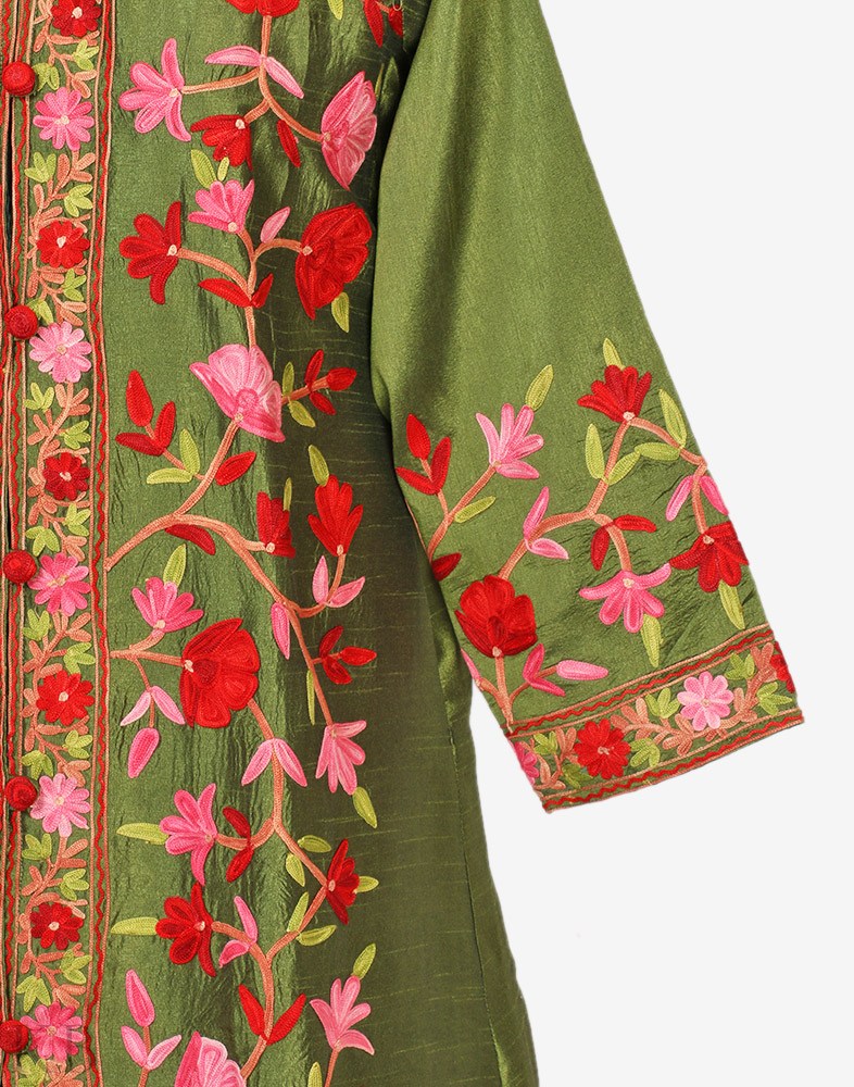 Henna Green Aari Embroidered Silk Jacket - KashmirBox.com