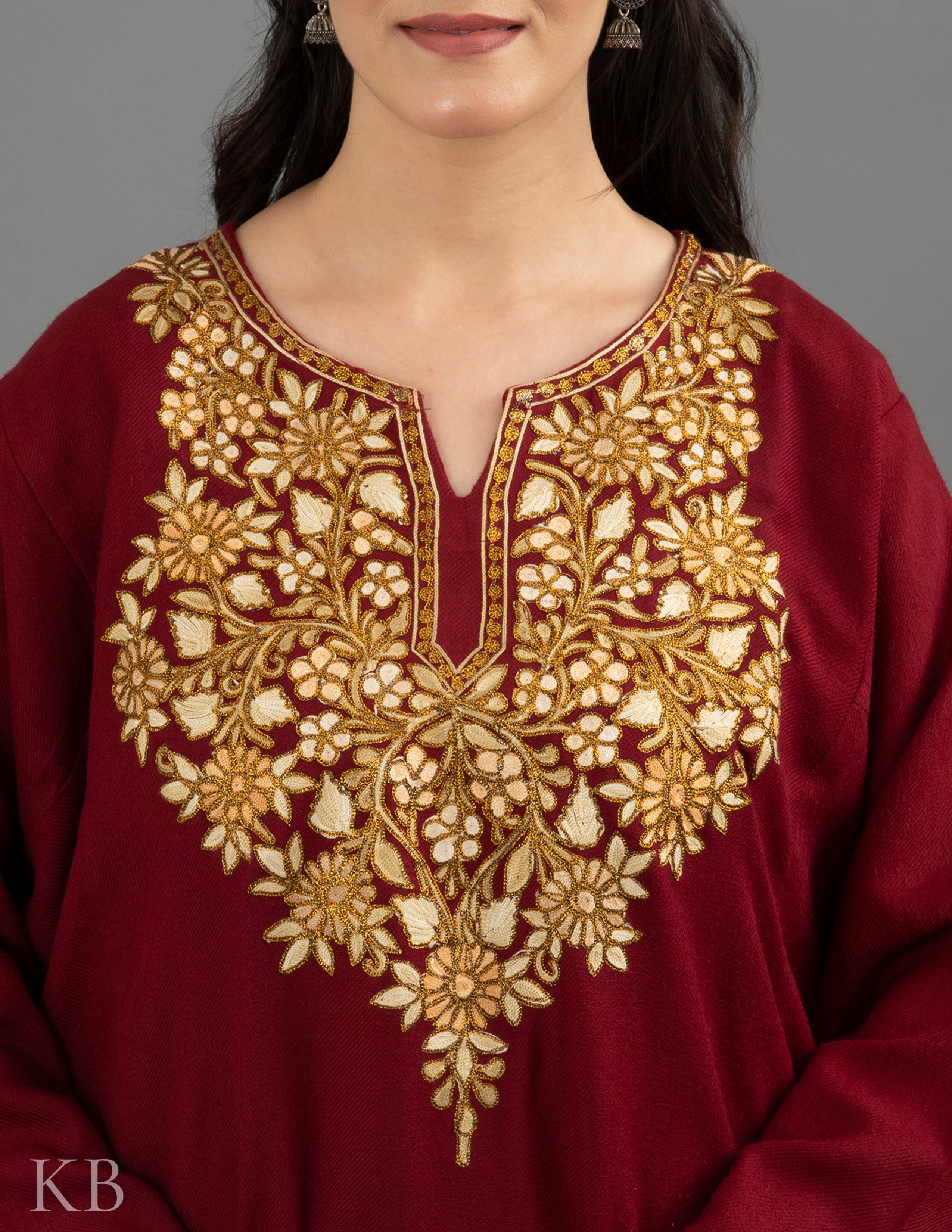 Vine Neck Designed Aari Zari Embroidered Cashmilon Phiran - Kashmir Box