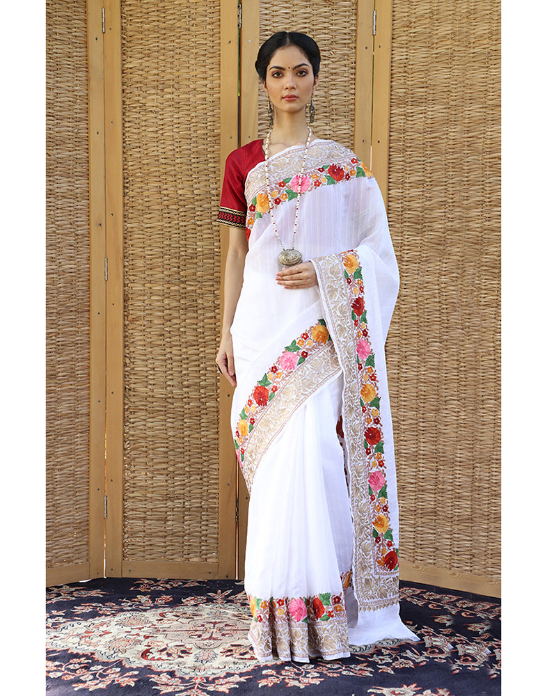 Off White Embroidery Work Linen Saree