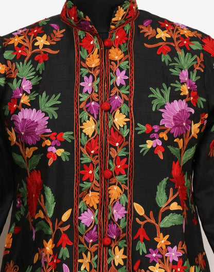 Black Posh Maal Aari Embroidered Silk Jacket - KashmirBox.com