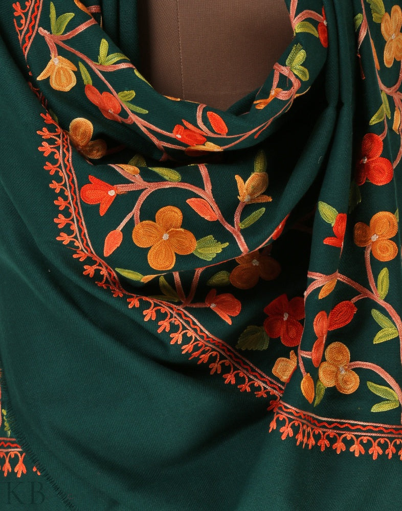 Bottle Green Aari Embroidered Cashmilon Shawl - KashmirBox.com