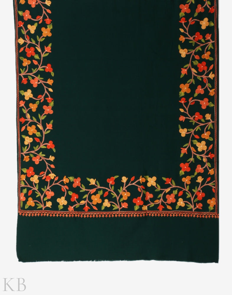 Bottle Green Aari Embroidered Cashmilon Shawl - KashmirBox.com