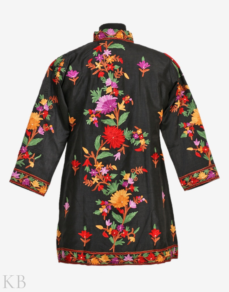 Black Posh Maal Aari Embroidered Silk Jacket - KashmirBox.com