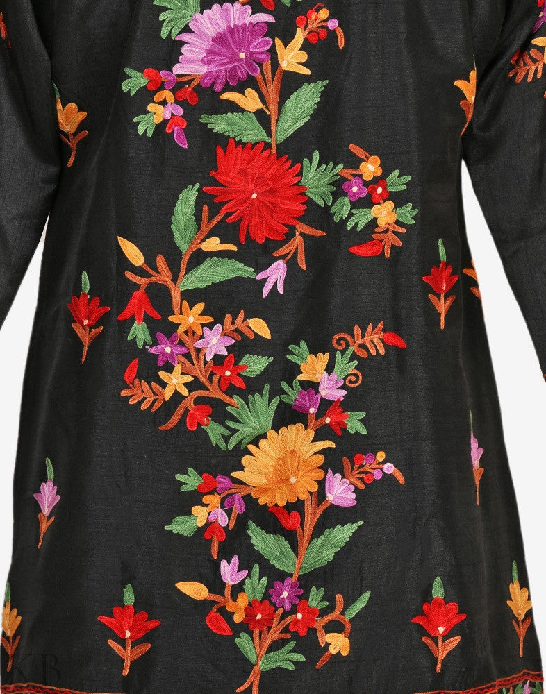 Black Posh Maal Aari Embroidered Silk Jacket - KashmirBox.com