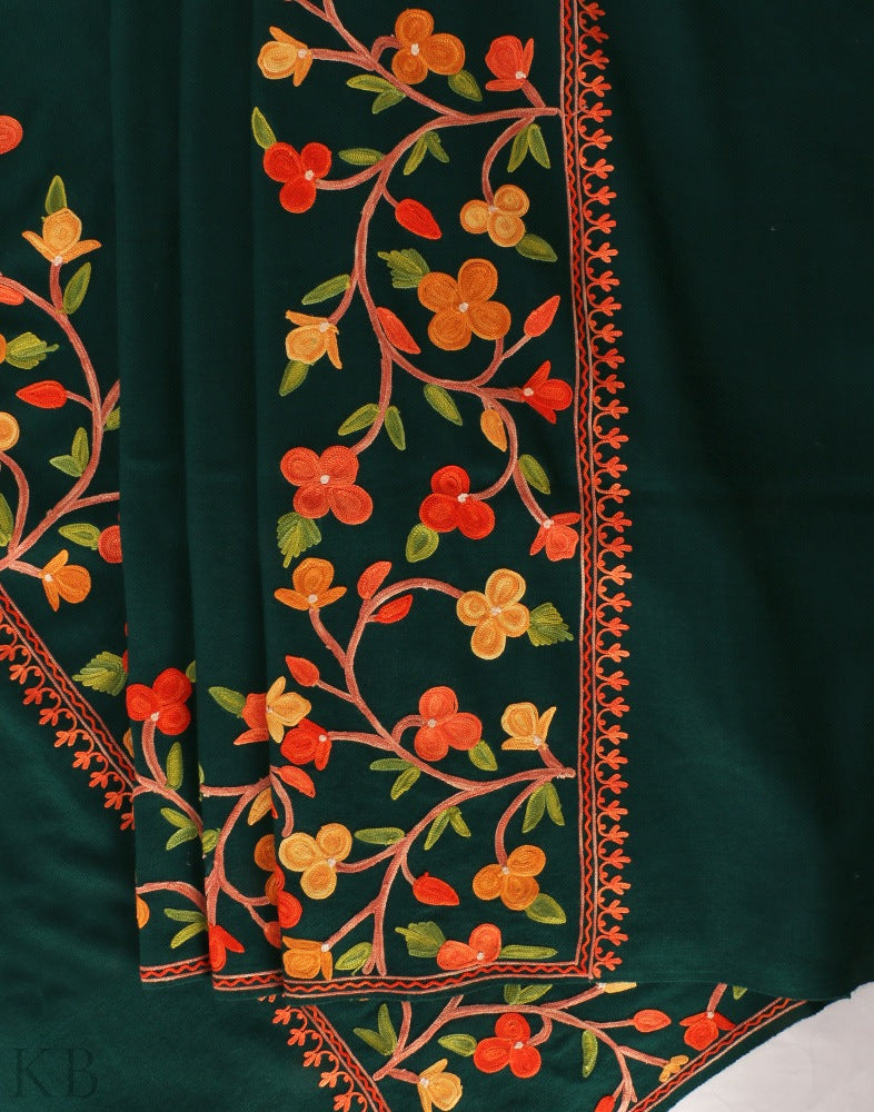 Bottle Green Aari Embroidered Cashmilon Shawl - KashmirBox.com