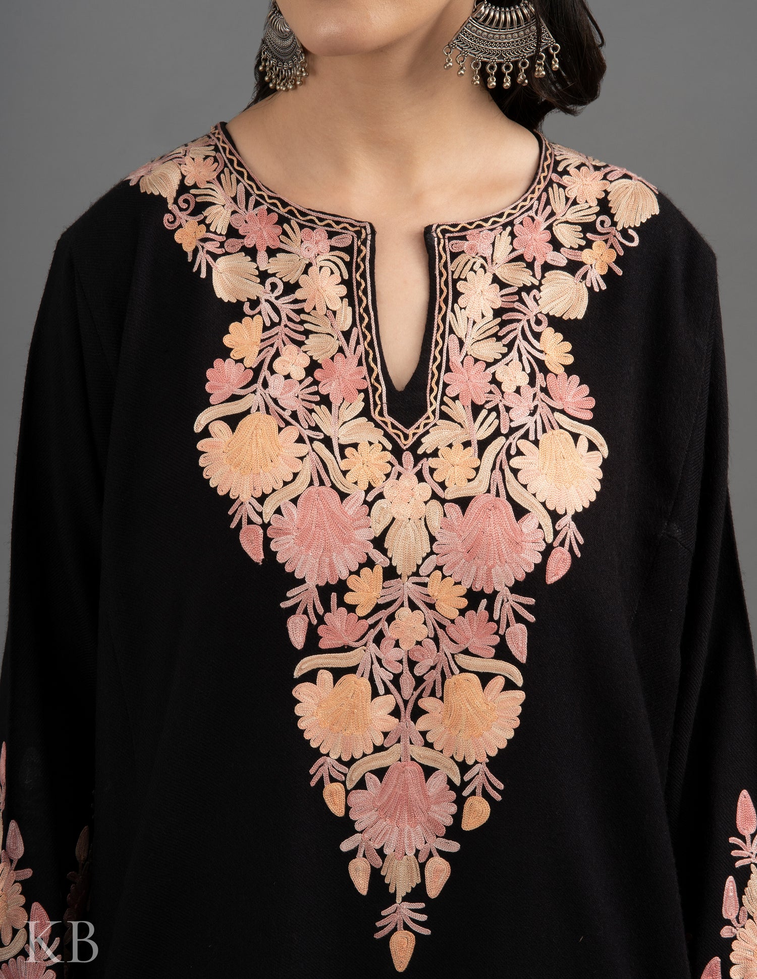 Pastel Neck Aari Embroidered Black Cashmilon Phiran - Kashmir Box