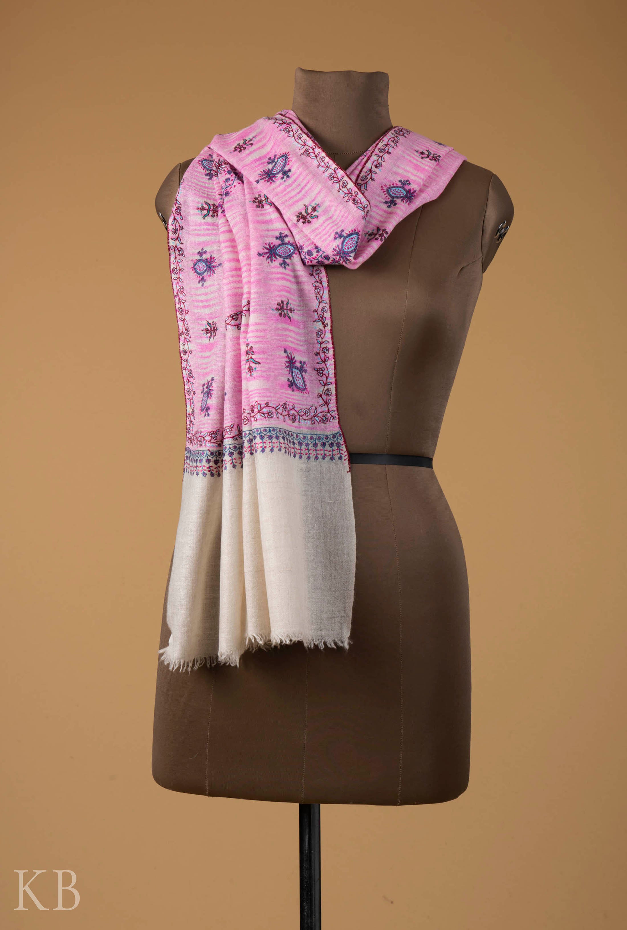 Pink And White Modern Design Embroidered Pashmina Stole - Kashmir Box